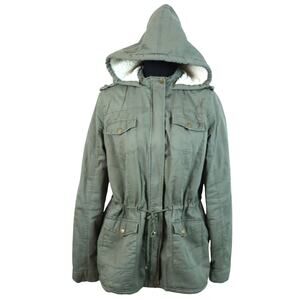 Outer Edge Green Canvas Hooded Shearling Sherpa Barn Chore Jacket Cinched Large
